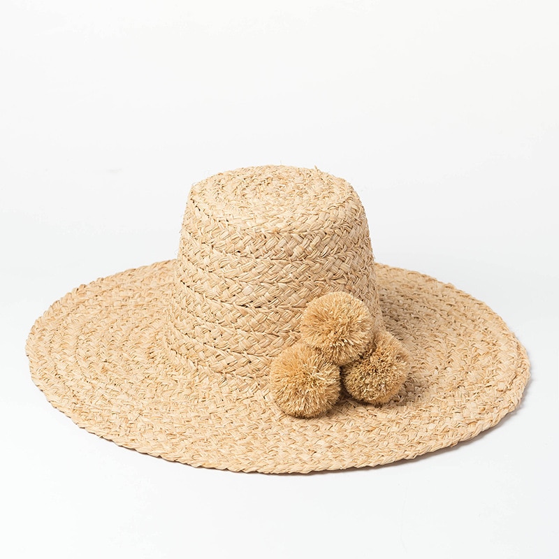 Handgjord raffia hög päls boll dekoration hatt bred brättad hatt solskydd för dam sommarmössor