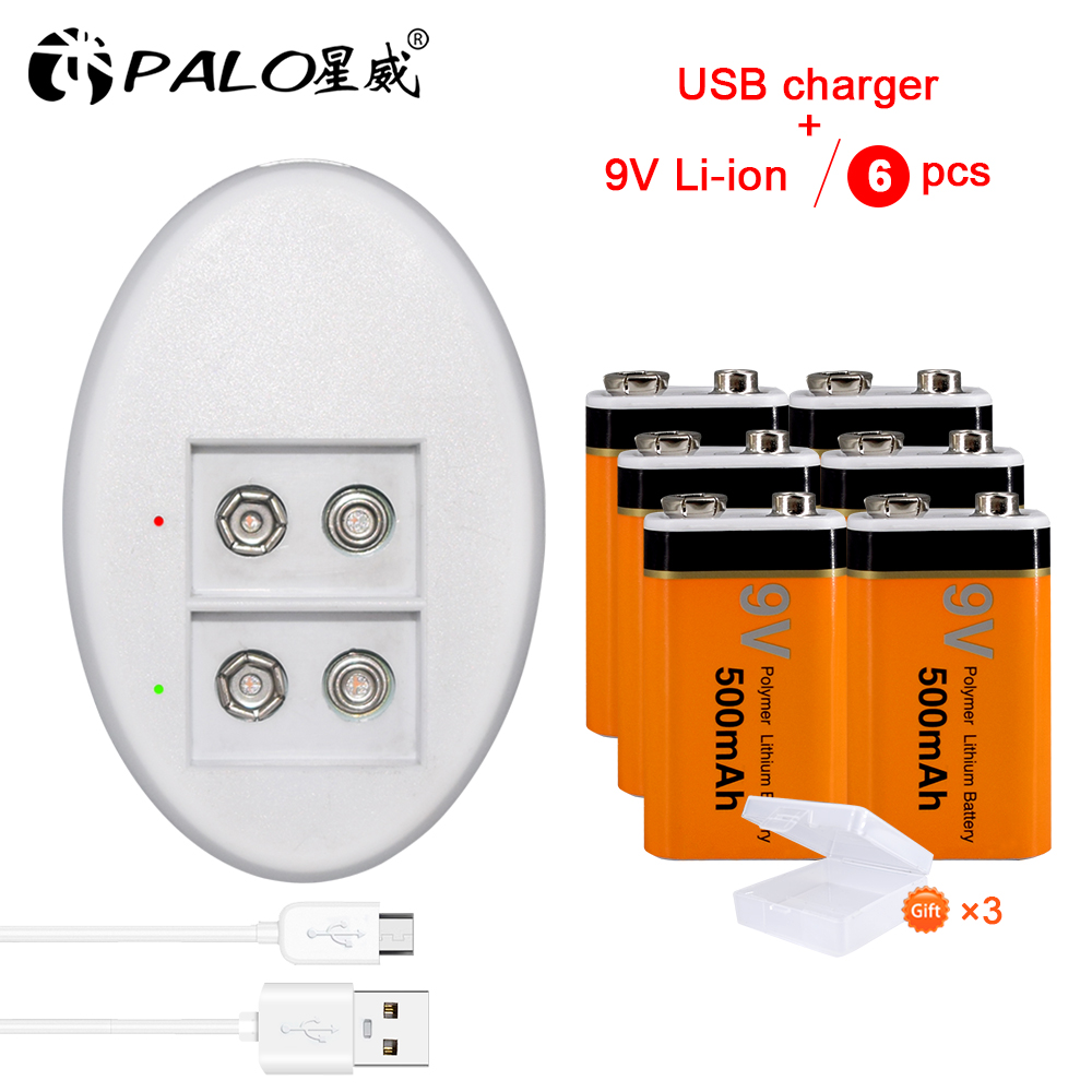 Palo 500 mah 9v li-ion genopladeligt batteri 9v batteri + smart 9v oplader til 9v nimh genopladelige li-ion batterier: 6 stk. og oplader
