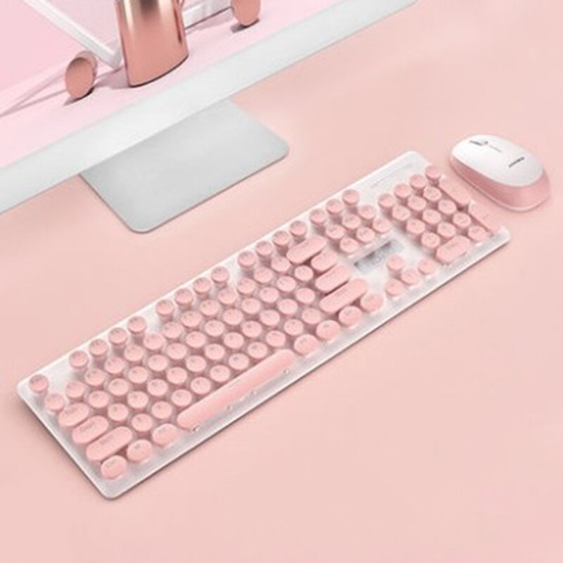 Retro Wired Gaming Keyboard and Wireless Mouse Kit Round Keycap Steampunk Keyboard Multimedia Button for PC Laptop: PINK