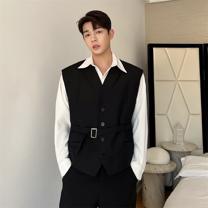 Men Korean Streetwear Vintage Loose Casual Suit Vest Male White Black Sleeveless Blazer Waistcoat Vest Jacket