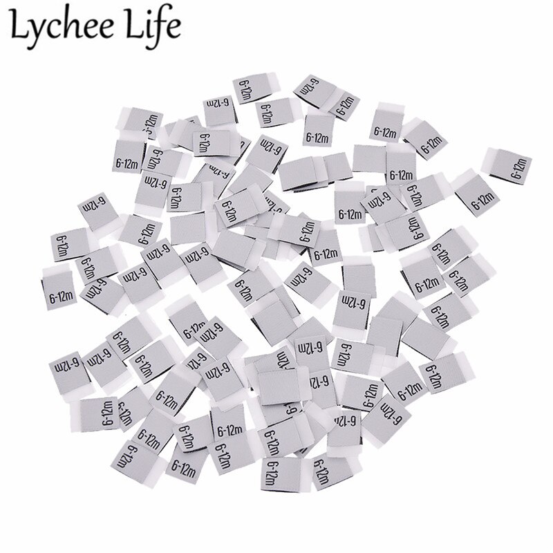 litchi liv 100 stk baby klær størrelse etikett polyester brev trykte etiketter håndlaget diy klær sy stoff tilbehør: 6-12m