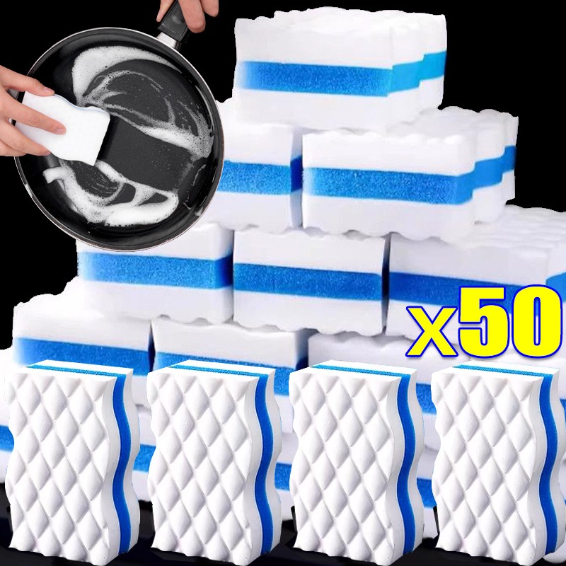3 Layer Magic Sponge Eraser Cleaning Pads for Bathroom Kitchen Floor Bathtub Toilet Baseboard Wall Cleaner Blue White Sponge