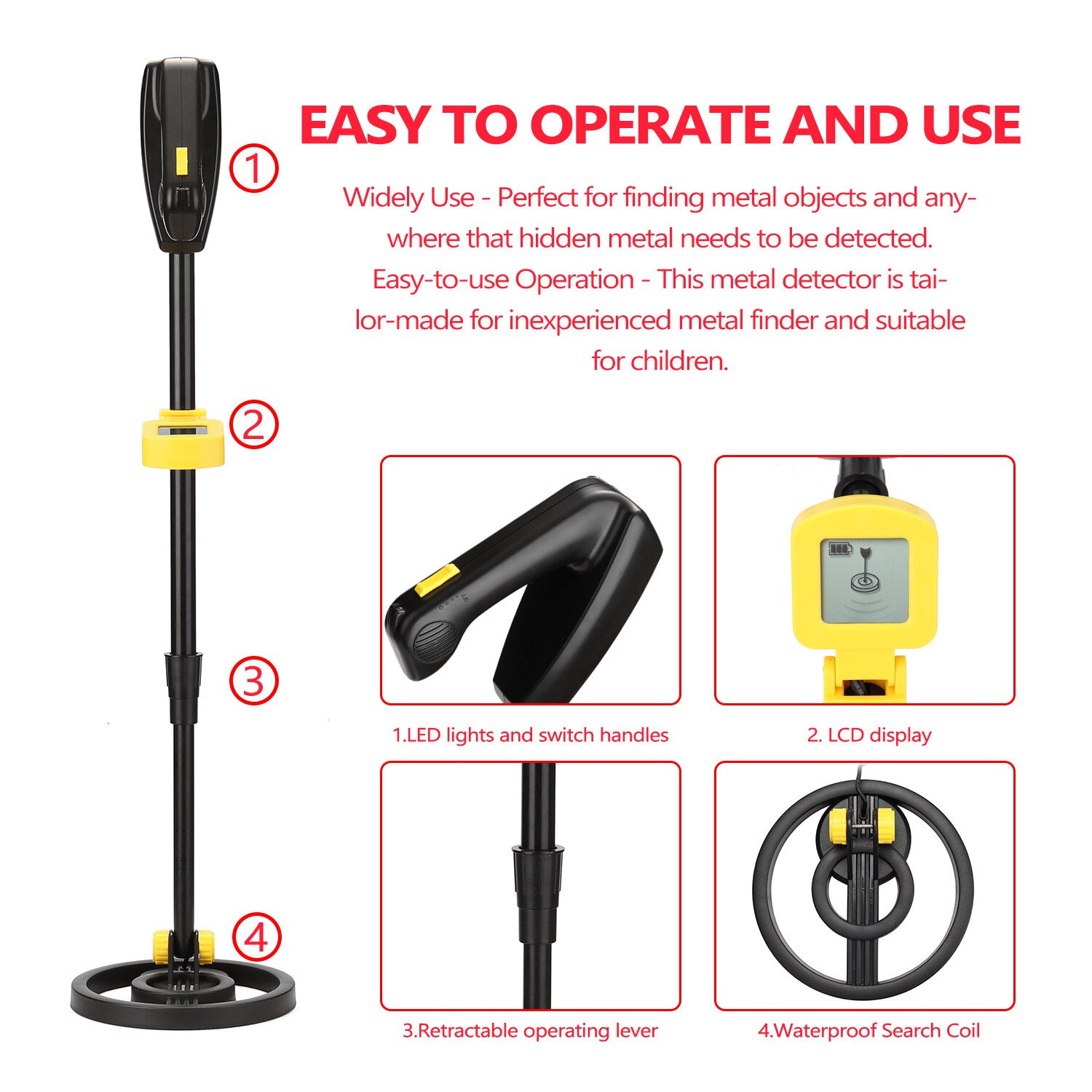 Børn håndholdt metaldetektor guld sølv smykker søgende metal finder med lydalarm led lys indikation