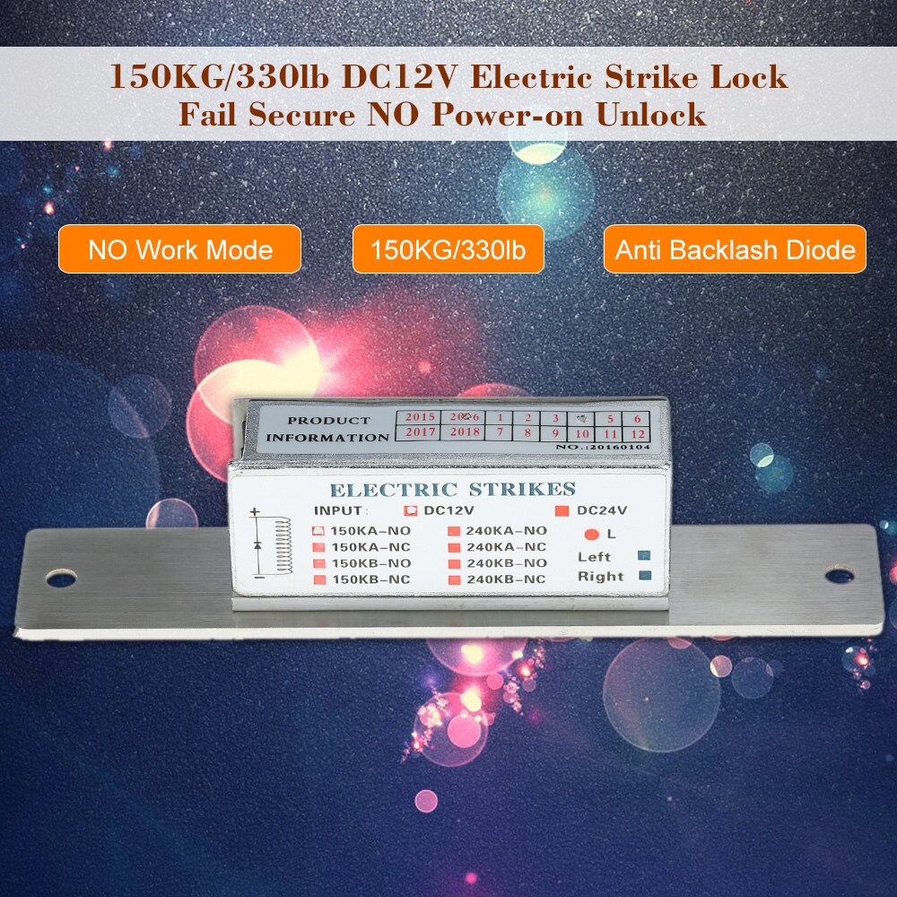 150KG/330lb DC12V Electric Strike Lock Fail Secure NO Power-on Unlock + Anti Backlash Diode for Door Entry Access Control System