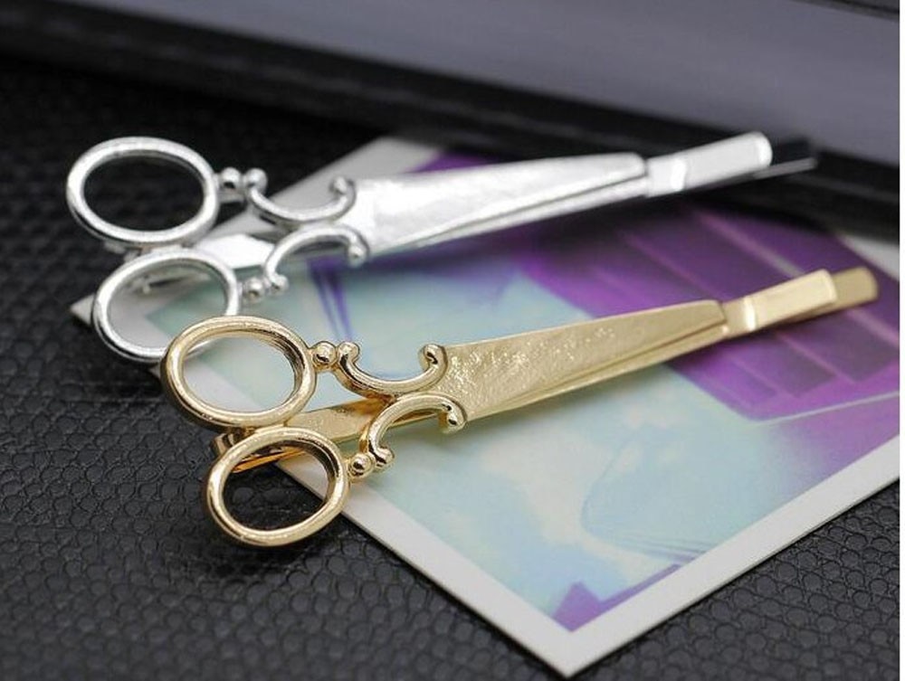 2pcs Hair Clip Girl Lady Hair Barrettes Apparel Accessories Headpiece Women Hairpin Scissors Pattern Gold Silver