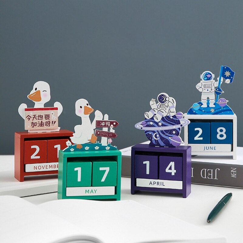 Vintage Wooden Perpetual Desk Calendar Block Planner Permanent Desktop Organizer DIY Agenda