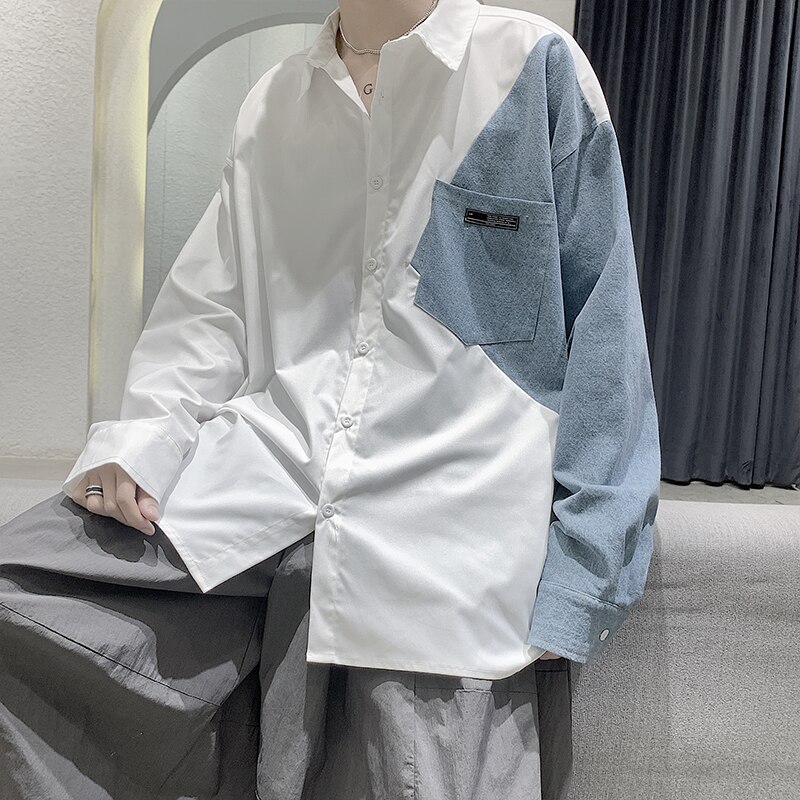 Oversized Denim Patchwork Shirts for Men Trends Clothing Teens Harajuku Long Sleeve Button Jeans Blouses