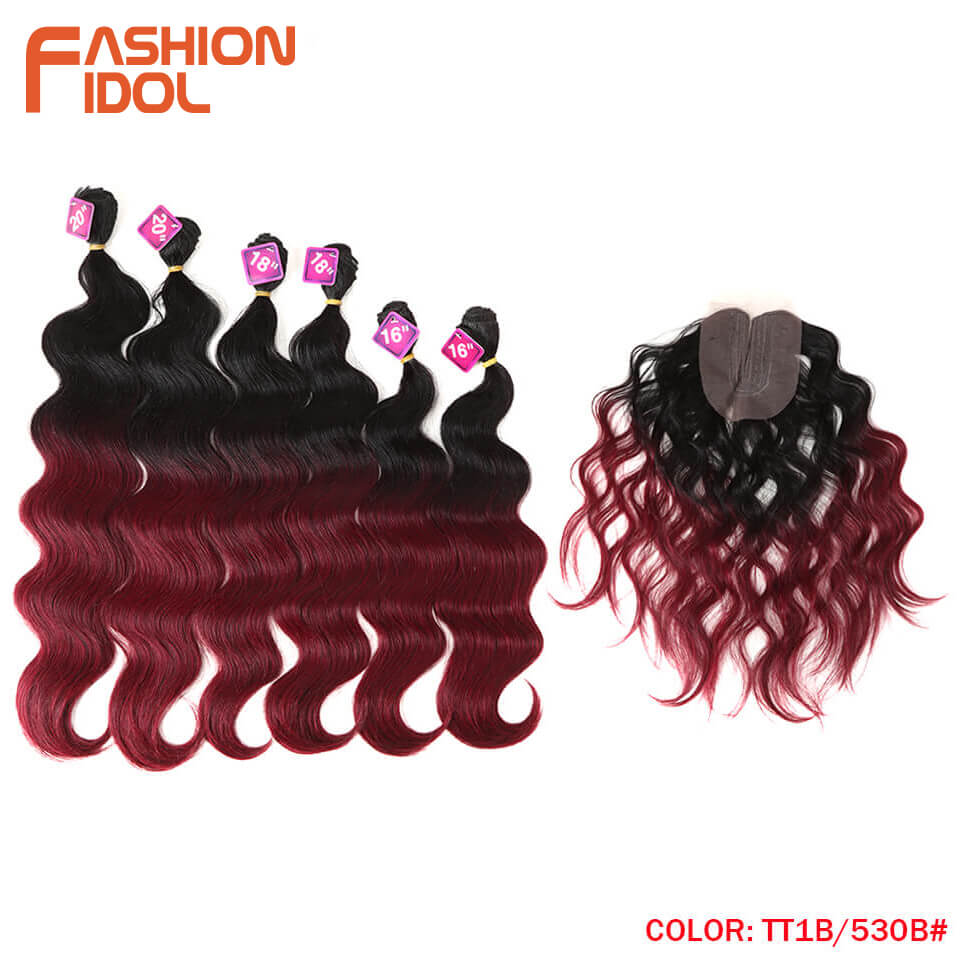 Mode Idol Body Wave Krul Haar 16-20 Inch 7 Stuks/partij 240G Synthetisch Haar Bundels Met Sluiting Midden deel Vetersluiting Fiber: TT1B-530B