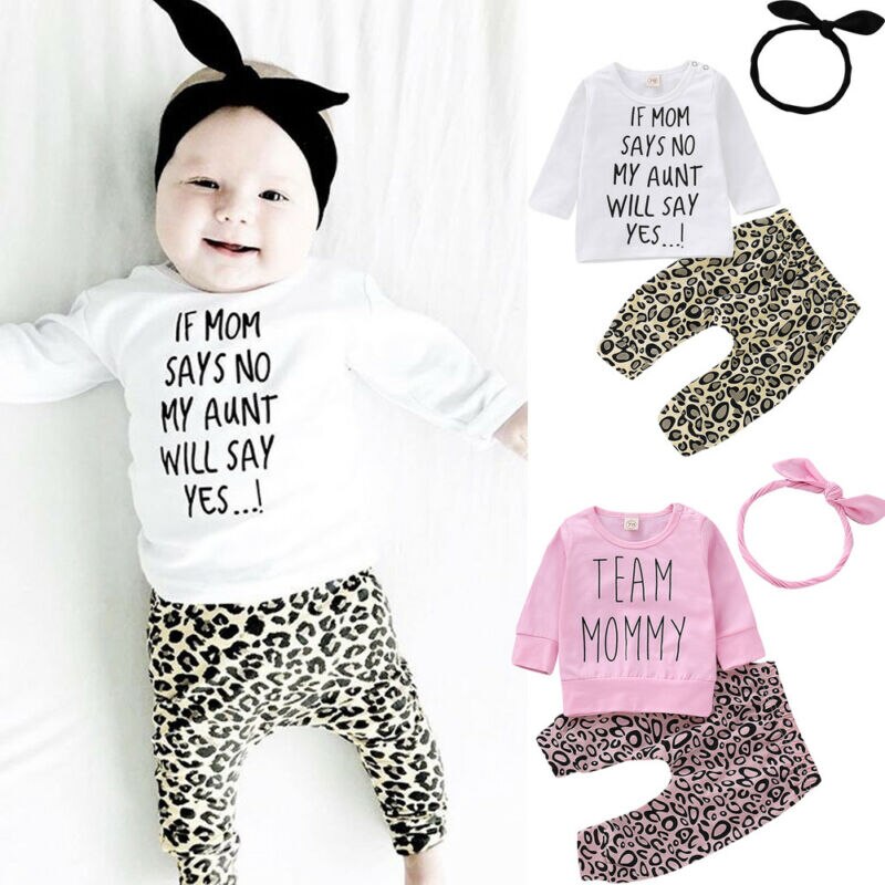 Newborn Baby Girls Set Clothes Print Letter Long Sleeve T Shirt Top+Leopard Pants Leggings Headband Outfit