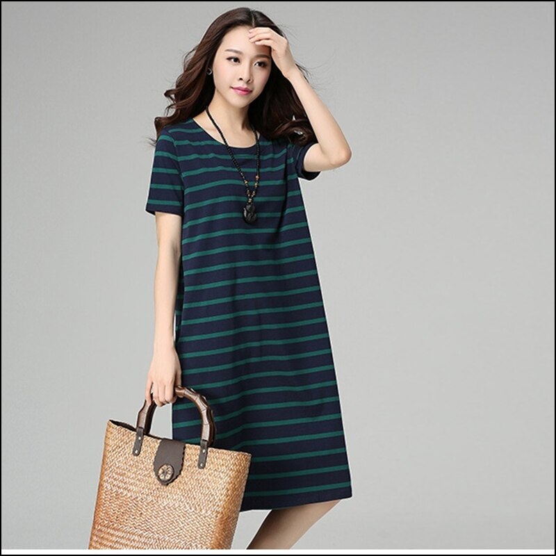 Korean Version Knitted Fat Plus-size Women's Summer Fat MM Stripes Long Thin Cotton ZZ011 S