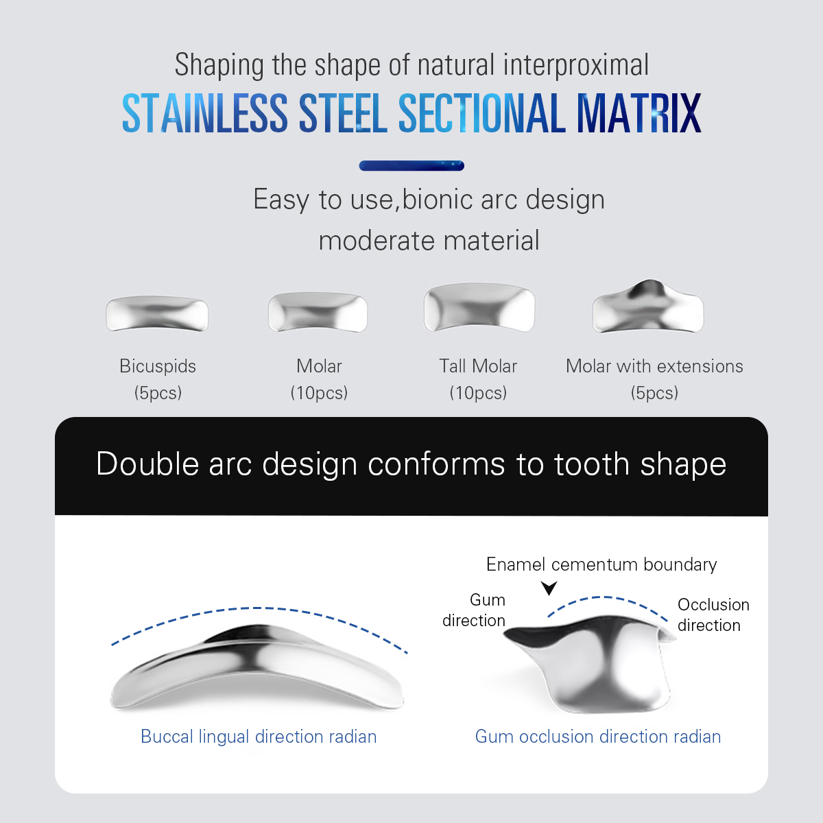 Bandes de Matrices dentaires métalliques profilées sectionnelles, recharge de matrice dentaire, 30 pièces par boîte avec bague de serrage et de séparation en résine