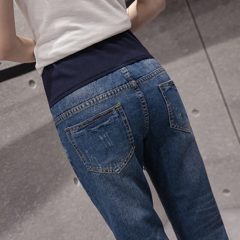 Barsel denim jeans elastiske all-match tegnefilm stonewashed talje mave blyant bukser gravide kvinder graviditet bukser  c15 10
