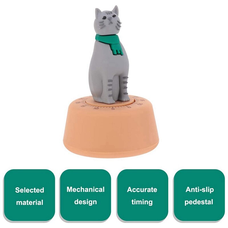 2Pcs Cat Kitchen Timer Cooking Countdown Mechanical Timer Alarm Reminder - Yellow+Gray & Green+Yellow
