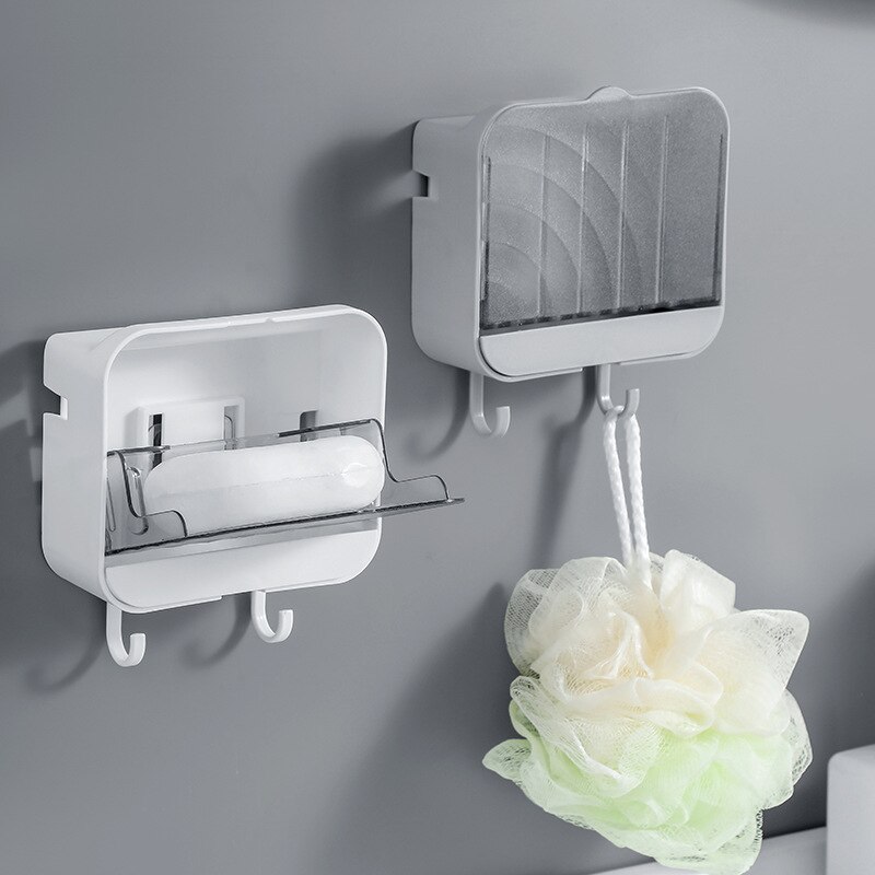 1PC Vertical Soap Box With Dust Cover Bathroom Nail Free Wall Mounted Soap Storage Rack With Hooks Plastic Soap Holder