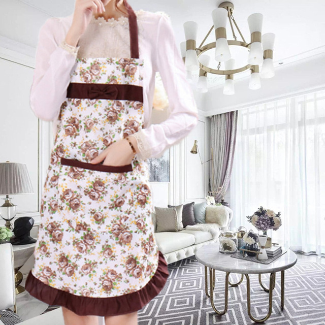 Delantal de cocina con estampado de flores y lazo para mujer, Baberos para adultos, cocina, hogar, tienda de café, limpieza, delantales, accesorios de cocina: Café