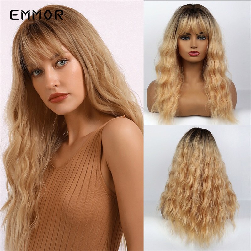 Emmor lange roze ombre watergolf synthetische haarpruiken met pony, hoge temperatuur vezel, kleurrijke cosplaypruik voor coole meiden: Lc290