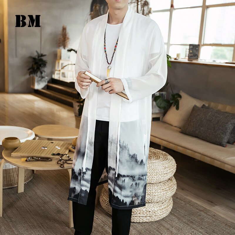 sommer Chinesischen Stil Langes Kleid Traditionellen Kleidung Strickjacke Hanfu Männer Eis Seide Windbreaker Plus Größe Mantel Jacke Männlich