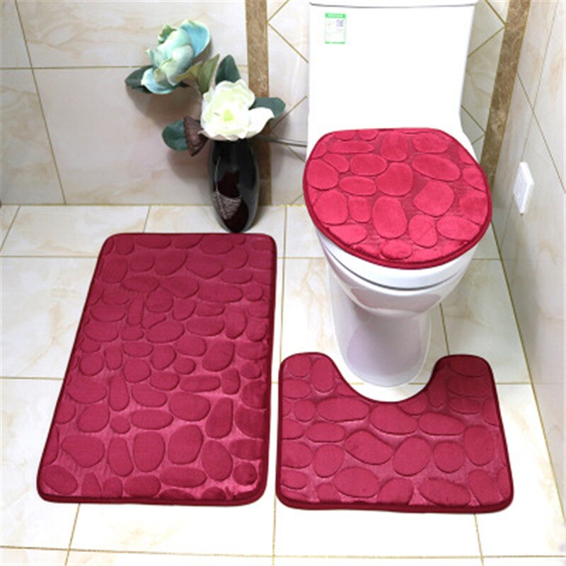 Set Van 3 Badkamer Badmat Set Wc Zachte Antislip 2Pcs Badmat Badkamer Tapijt Douche Tapijten Set wc Deksel Cover Vloermatten: wine red-3PCS