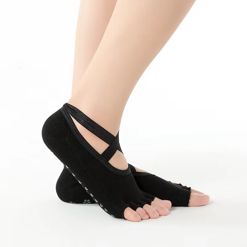 Mulheres yoga meias anti-derrapante secagem rápida amortecimento pilates basketball meias bom aperto para homem e mulher piso macio algodão toe meias: Half finger BLACK