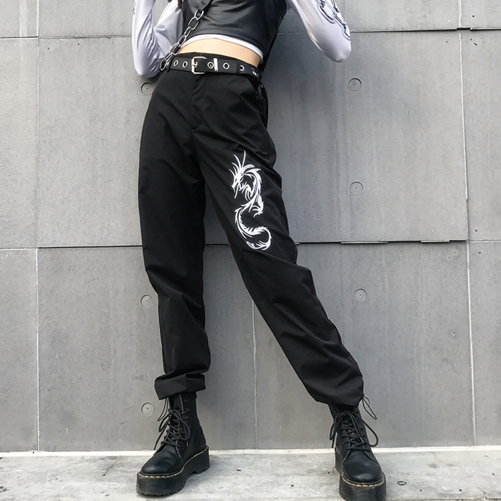 Kinesisk stil drage broderi skateboard bukser kvinder sort høj talje løse blyant bukser fuld længde bukser kvinder