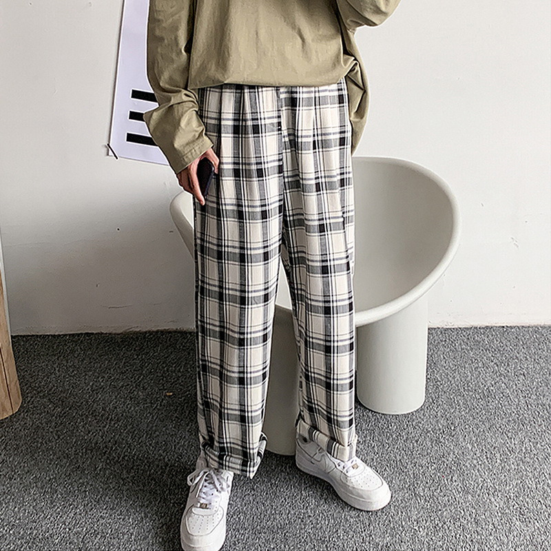 Dihope – pantalon à carreaux pour homme, ample, confortable, rétro, décontracté, taille élastique, Chic, jambes larges, Streetwear, Style coréen: XXL / Beige