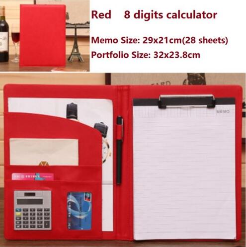 A4 office business classical file folder portfolio executive with clip board calculator document organizer: Red 2