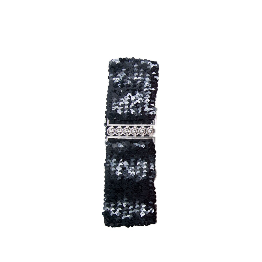 Cinturón elástico de lentejuelas para mujer, cinturón ancho con hebilla de Metal, Color sólido, brillante, informal, corsé, correa, decoración para vestido: Negro