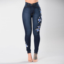 Jean brodé Stretch pour Femme élastique bleu fleur jean Femme crayon Denim Pantalon Rose motif Pantalon Femme