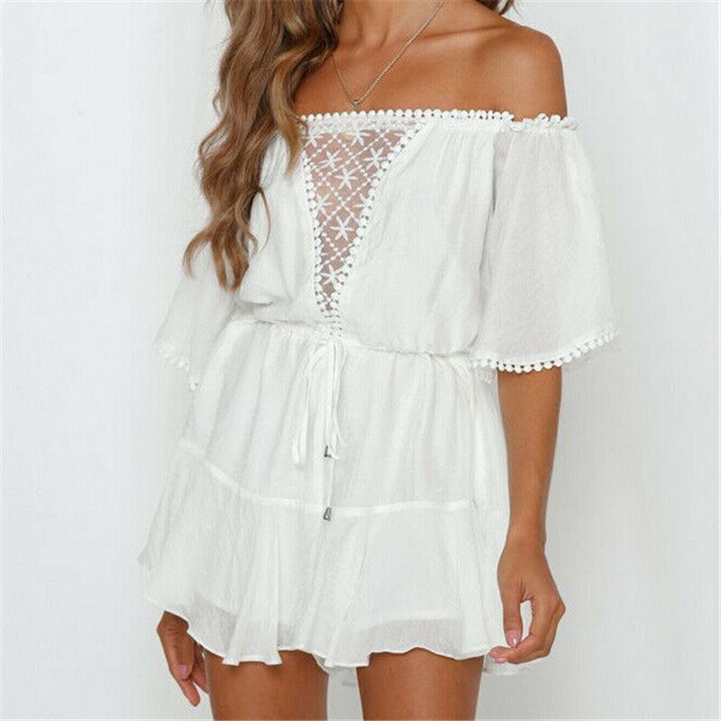 Mono bohemio para mujer, traje de retazos de encaje blanco, Bodycon de verano para , sin hombros, para playa y vacaciones,