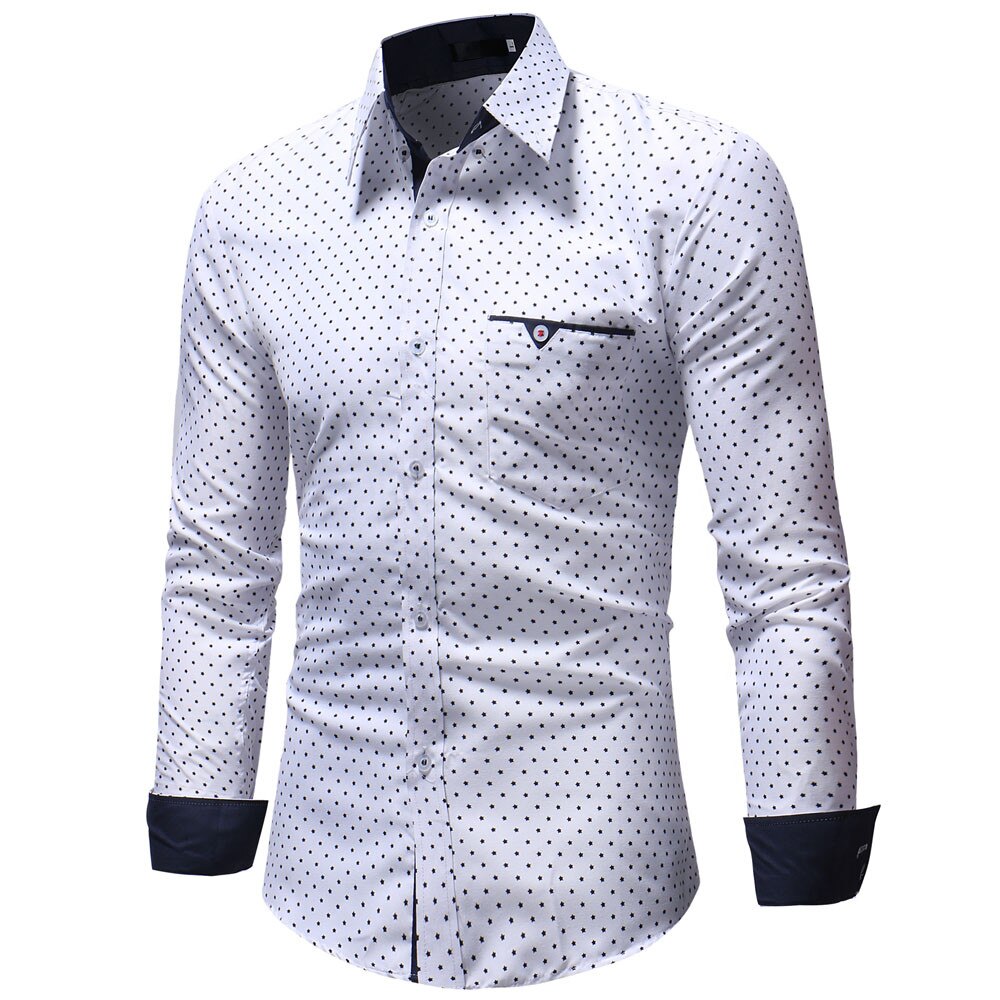 Men&#39;s Autumn Casual Shirts Long Sleeve Turn Down Collar Formal Polka Dot Slim Fit Long Sleeve Dress Shirt Top Blous: white / L