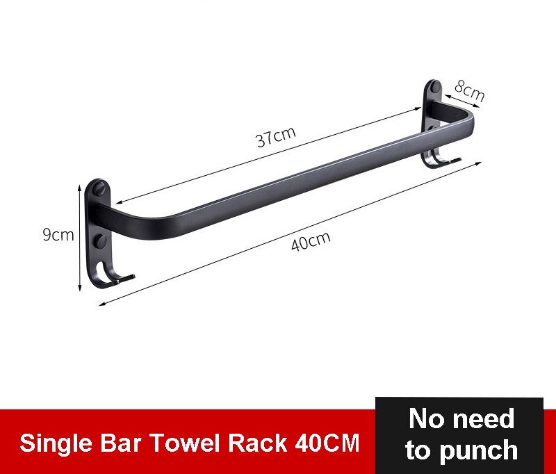 Badeværelse håndklædeholder vægmonteret sort enkelt dobbeltstang håndklædestativ med krogplads aluminium håndklædehænger badeværelse tilbehør: Enkelt stang 40cm