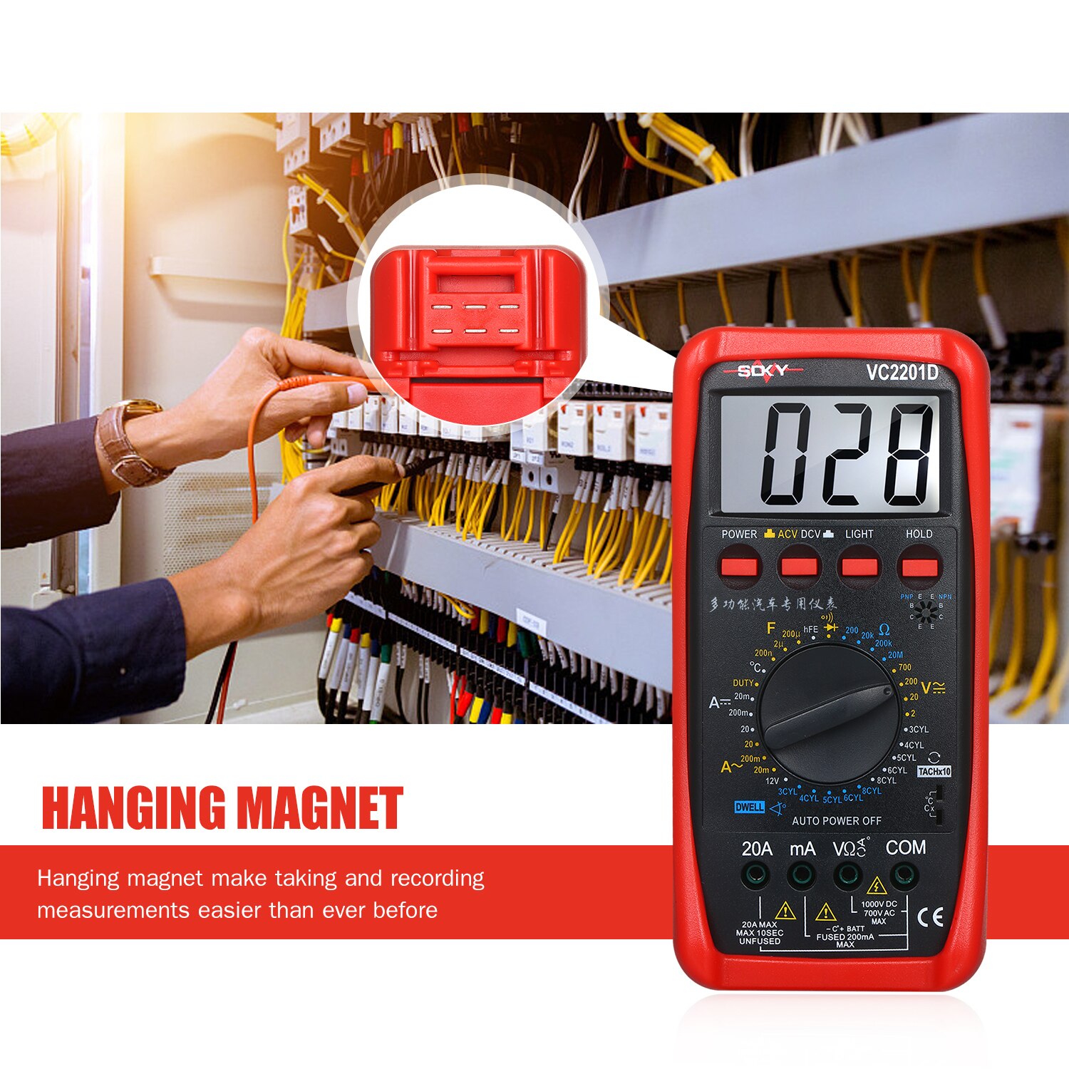 Digital multimeter bilmåler tester med batteri alligator clips testledninger ac/dc voltmeter amperemeter ohmmeter test
