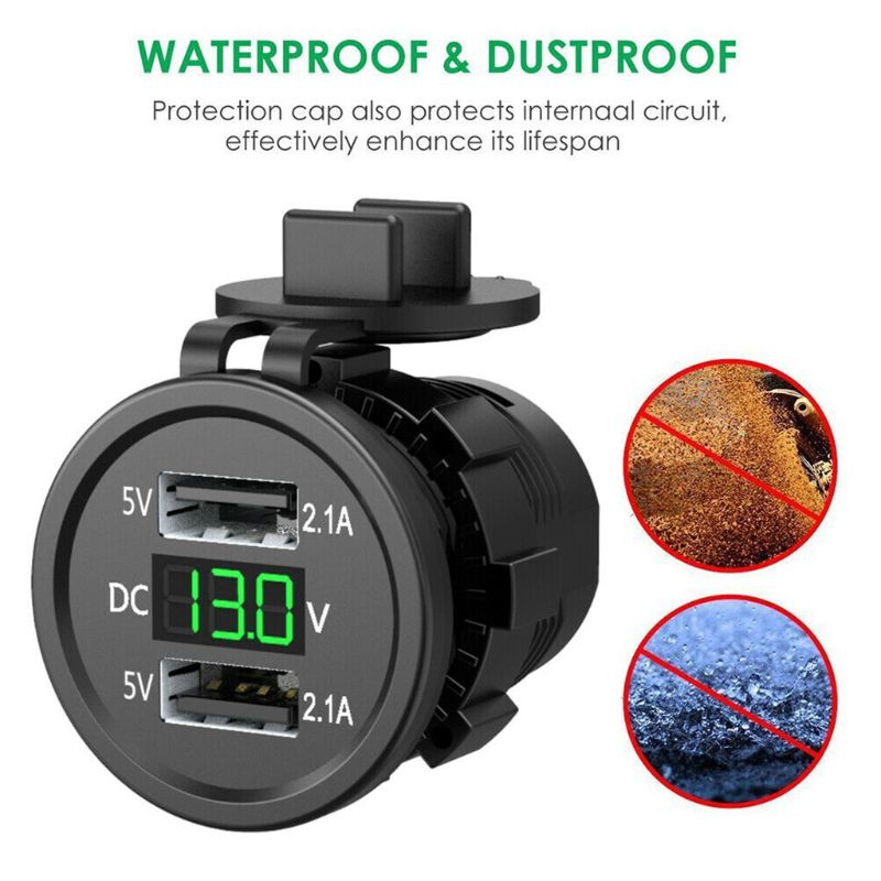 5v wasserdichte usb-ladebuchsen mit zwei anschlüssen und spannungsanzeige/voltmeter für 12-24v autos 2.1a boote und motorräder