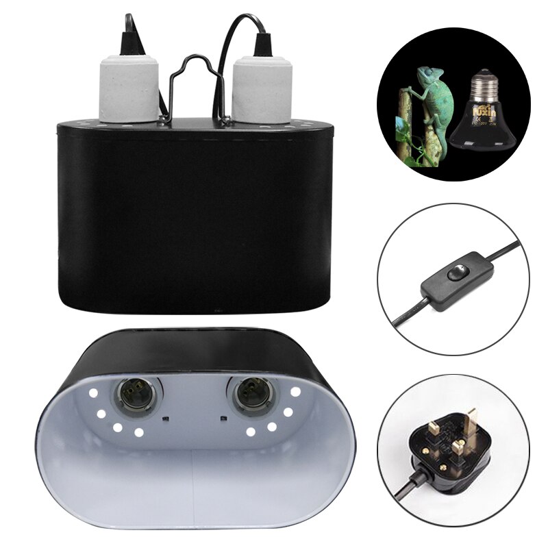 Reptil ljusarmatur djup kupol dubbel lampa armatur uvb armatur optisk reflektionsskydd reptil värme lampa kit kombinationshållare: Uk-kontakt
