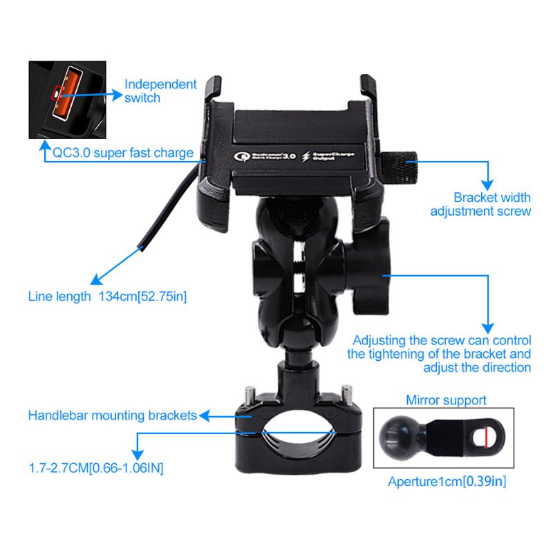Suporte de celular para motocicleta, suporte de metal impermeável para smartphone com carregador rápido qc 3.0 usb e guidão com espelho para samsung
