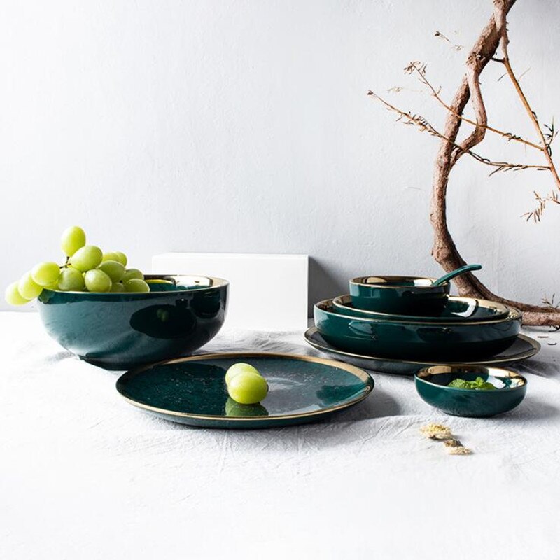 Grøn guld indlæg nordisk stil husholdning hotel keramisk bordservice high end porcelæn servise sæt skål fad plade