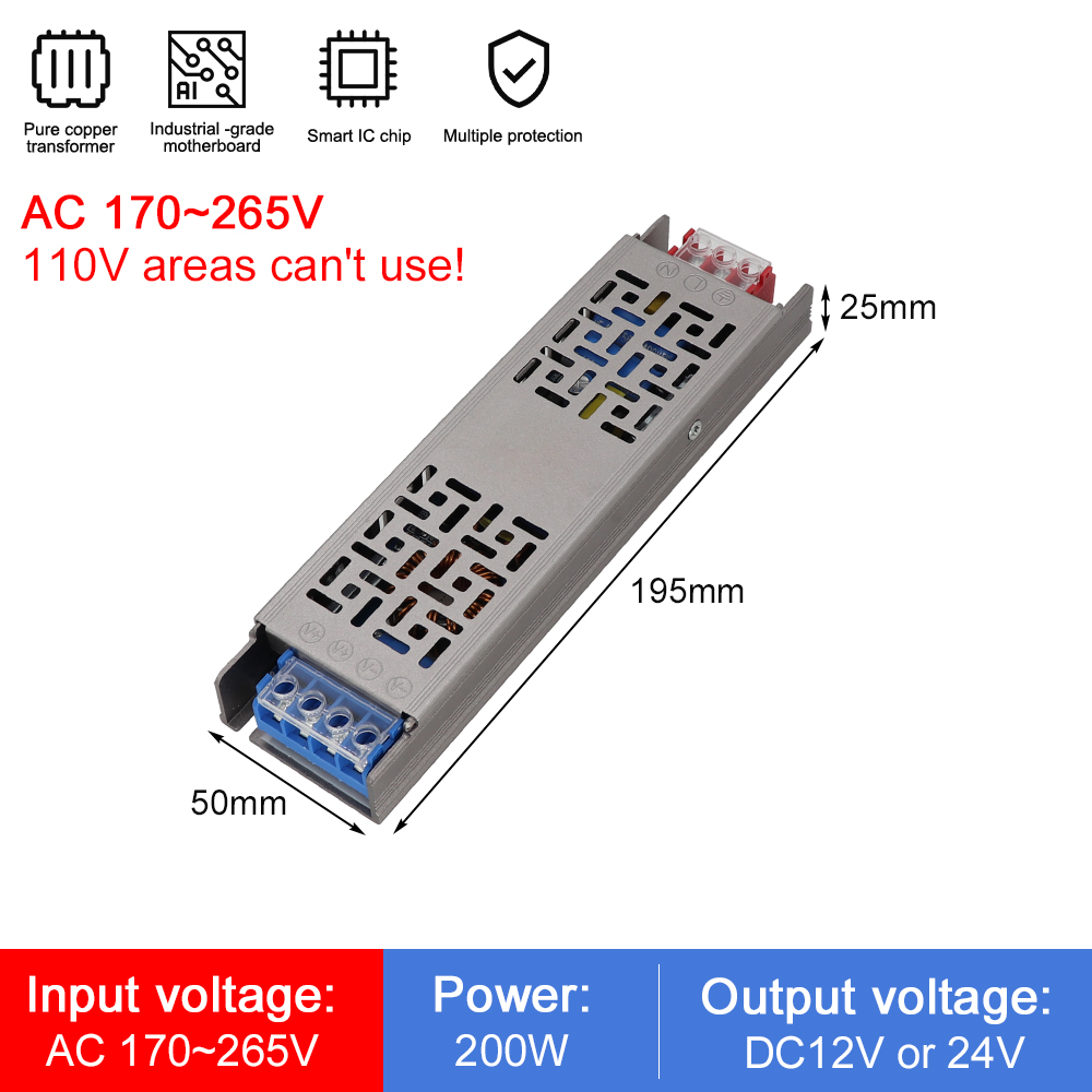 Full Watt Led Voeding Koperen Omhulsel Stille Ac Naar Dc 110V 220V Converter 60W 100W 200W 300W 400W Led Transformator 12V 24V: Blauw / 230v