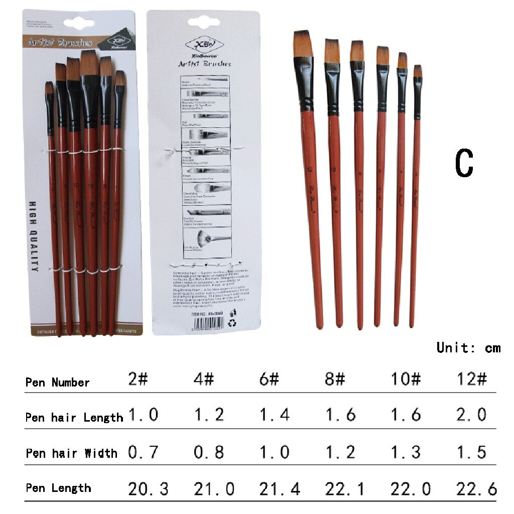 6 Kunstenaar Aquarel Penselen Kwast Voor Nylon Penselen Olieverf Acryl Platte & Tip Kit Pen art Supplies: C