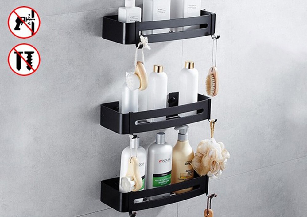 Dreieck Handtuch Dusche Storage Rack Schwarz Ecke Regale Wand Montiert Aluminium Lagerung Korb Organizer Bad Zubehör: B-Rectangle-3 tiers