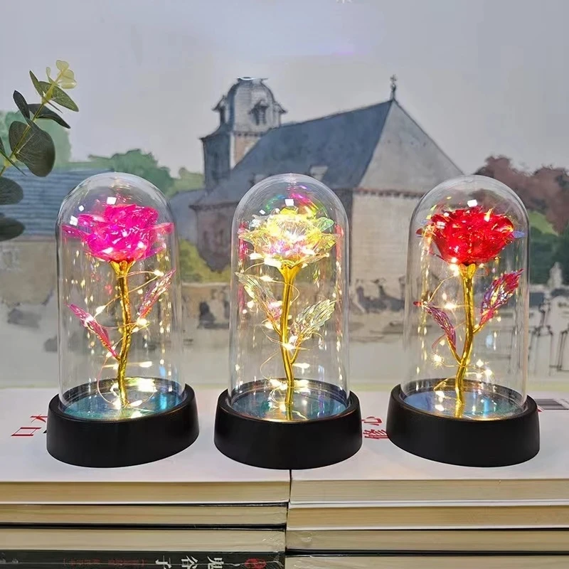 Flores de rosas artificiales, del Día de San Valentín para novia, rosa eterna, flor de lámina de luz LED, decoración de boda, de navidad