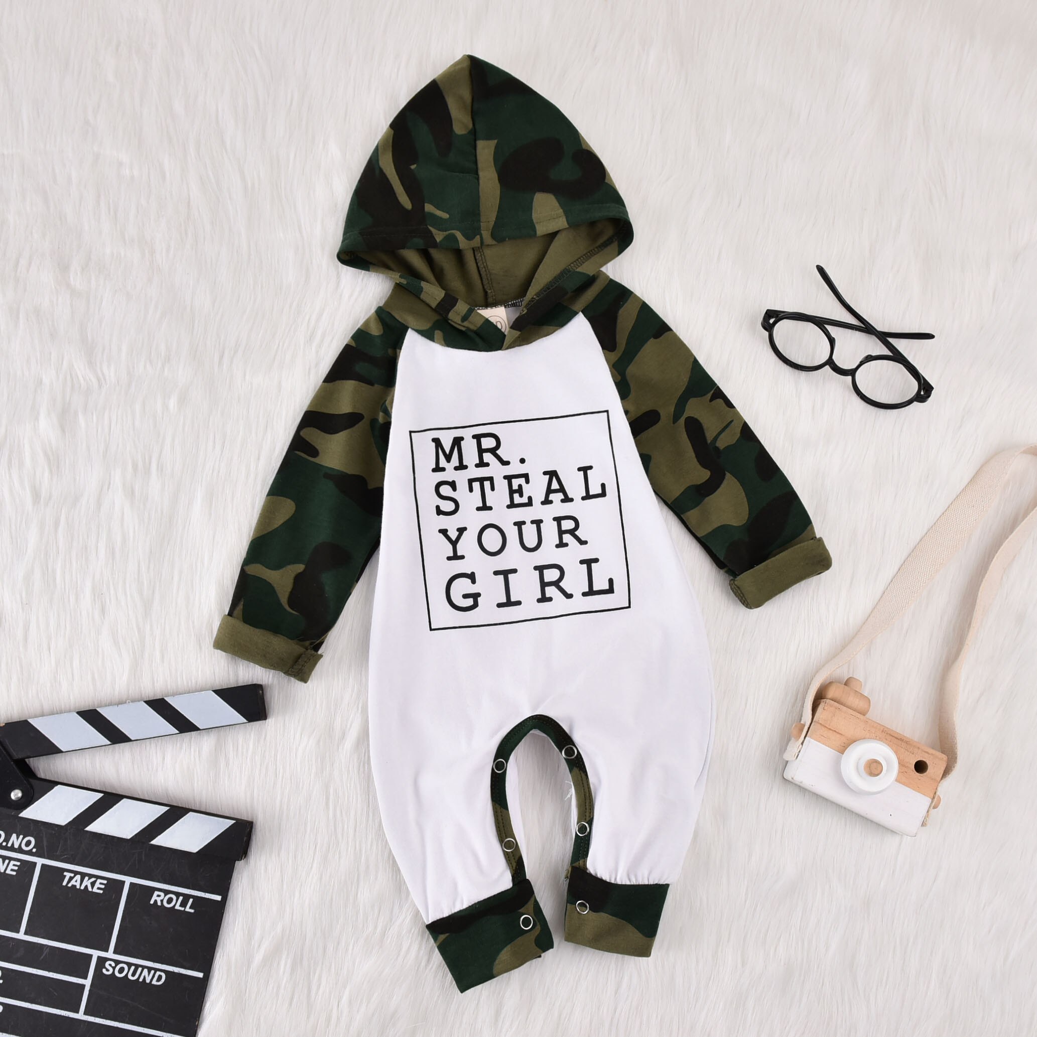 0-18M Infant Baby Boys 100% Cotton Romper Floral Print Long Sleeve Hooded Jumpsuit Spring Autumn Playsuits Army Green/White