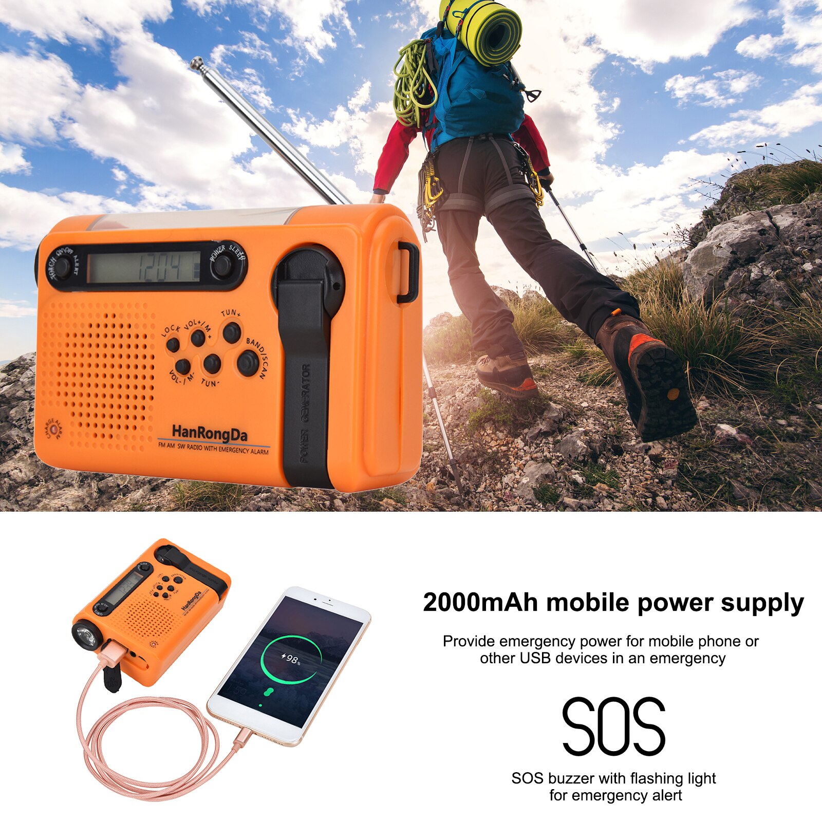 HRD-900 Emergency Solar Hand Crank Radio Portable Home Outdoor Emergency Radio w/ AM/FM/SW Flashlight SOS Alarm 2000mAh Battery