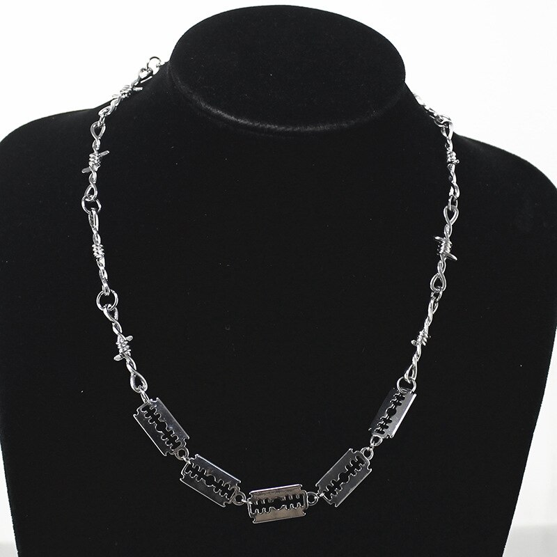 Ensemble Punk, gothique, en alliage de fils de fer barbelé, rambardes, lame, collier, lien, bijoux Bracelet, ras du cou hanche, unisexe, pour femmes, hommes et femmes: 5 Blade Necklace