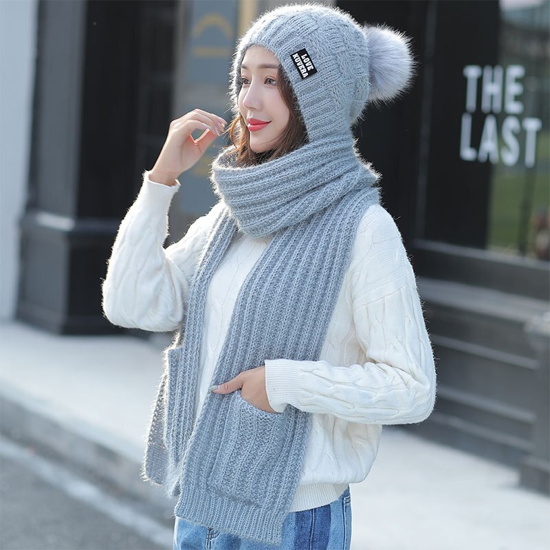 Otoño Invierno sombreros de mujer sombreros de de bufanda tejida dos piezas mujeres Gorros Casual Cap Scarf Chapeu Feminino Bonet