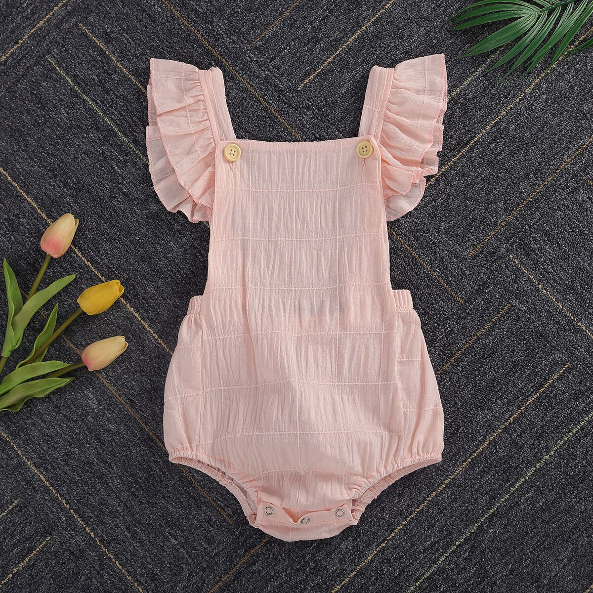 Baby meisjes romper van katoen linnen effen ruches mouw rechthoekige hals zijkant grote zakken outfit geplooide knoopsluiting jumpsuit