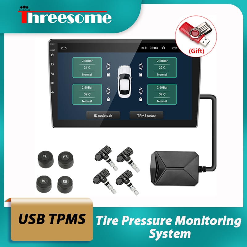 Usb tpms android dekktrykkovervåkingssystem 4 dekk eksterne / indre sensorer temperaturalarm for bilradio dvd bilspiller