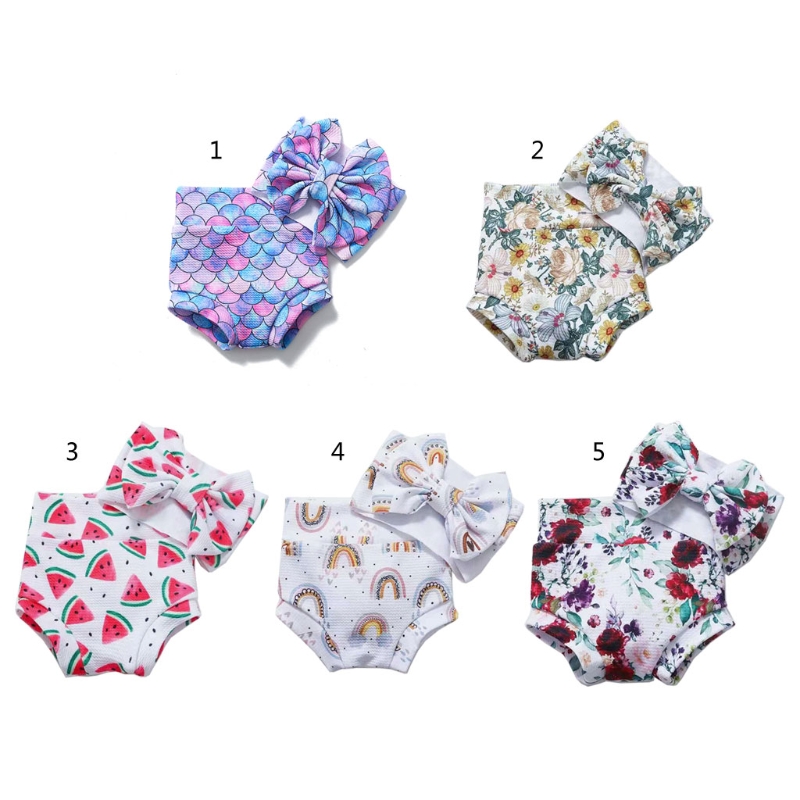 77HD 2 Pcs Baby Zomer Print Shorts Hoofdband Set Korte Broek Boog Haar Band Kit Voor Pasgeboren Zuigelingen Douche