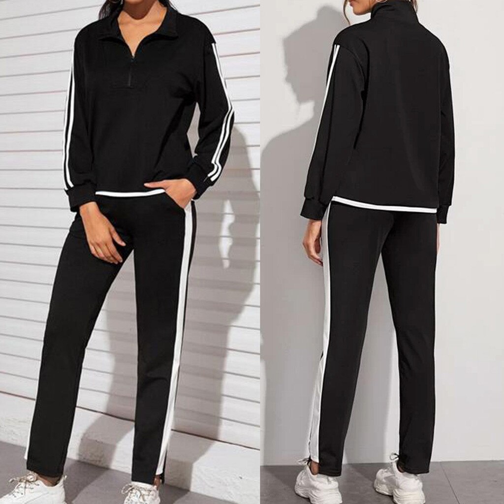 Spring Women Splice Two Piece Sportwear Zipper Long Sleeve Topd Pocket Sports Casual Long Pants Set Tracksuit Clothing Suit#g4