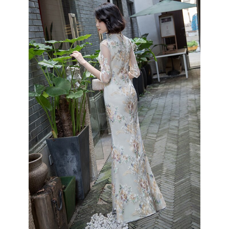 Vestido de cola de pez champán para mujer, gasa de retales moderna mejorada, Qipao , largo, chino tradicional, Retro, Cheongsam