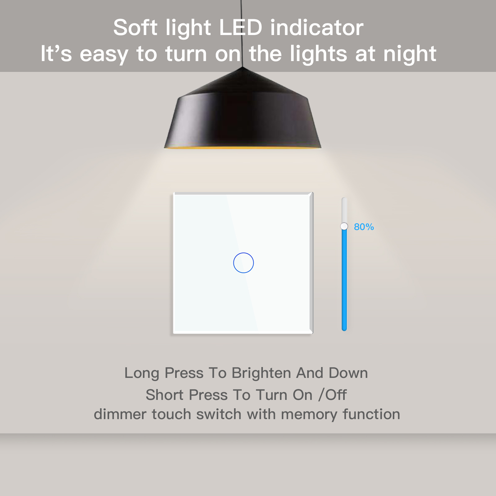 BSEED Dimmer-Lichtschalter, 1 Gang, 1-Wege-LED-Dimmer, 220 V, Wand-Touch-Lichtschalter, Kristallglasscheibe, blaue Hintergrundbeleuchtung, Speicherfunktion